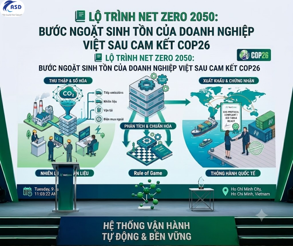 Màn hình LED hiển thị sơ đồ 3 nền tảng cốt lõi của lộ trình Net Zero 2050 tại Việt Nam sau cam kết COP26