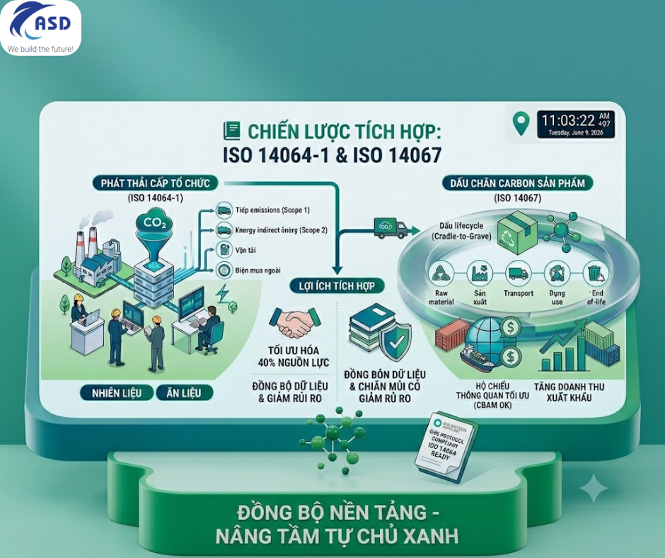 Sơ đồ chiến lược tích hợp tiêu chuẩn ISO 14064-1 và ISO 14067 tối ưu hóa quản trị carbon doanh nghiệp