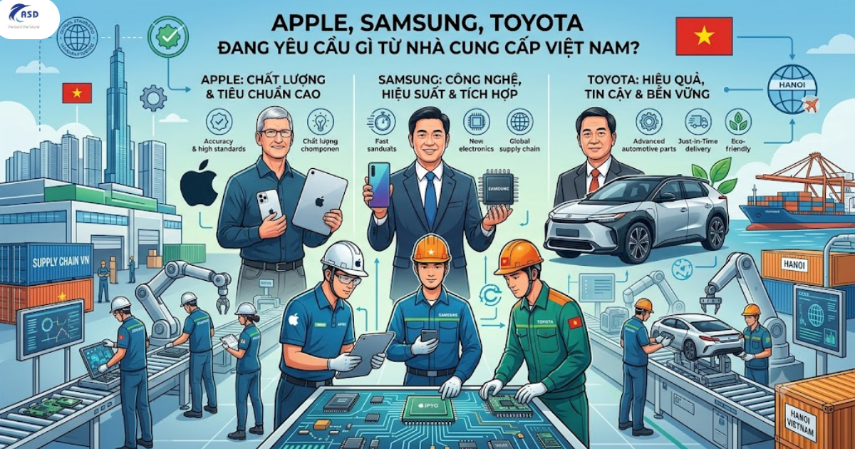 Đồ họa minh họa các yêu cầu từ Apple, Samsung, Toyota đối với nhà cung cấp Việt Nam trong chuỗi cung ứng.